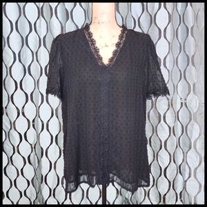 V-neck Lace Accent Blouse in Black